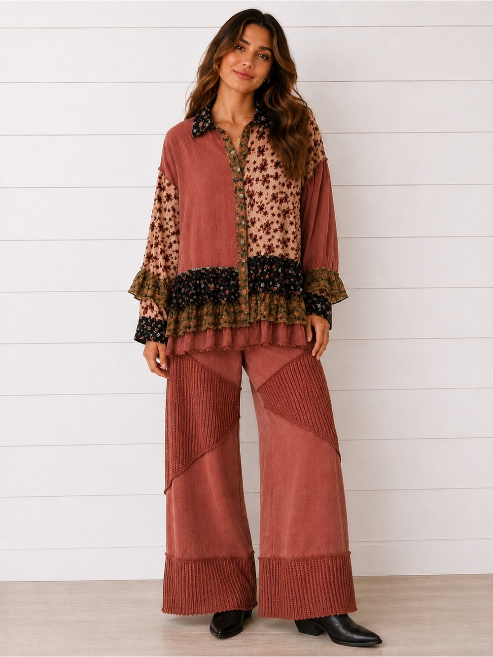 Boho GirLie POL SET: “The Larue” rustic red Wide-Leg Pants and floral top. - Picture 3 of 5